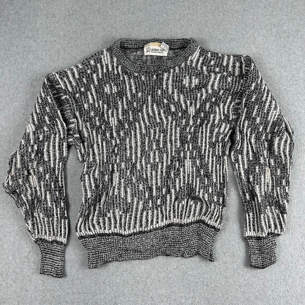 London Fog Women's Black White Argyle Knit Sweater Long Sleeve Mock Neck Diamond